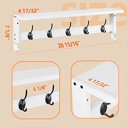 AMBIRD Coat Rack Wall Mount with Shelf, 28.9 Inches Coat Hooks Wall Mounted with 5 Hooks, Hat Wall Hooks for Hanging in Entryway, Living Room, Bathroom, Bedroom (White, 28.9 * 4.5 inches) - color: White, size: 5 Hooks 28.9" L