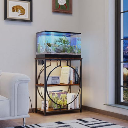 10 Gallon Aquarium Stand with Power Outlet, 3 Tier Heavy Duty Metal Fish Tank Stand with Storage, Fish Tank Table for Home Office, 21.3" x 11.8" x 29", Rustic Brown - size: 10 Gallon