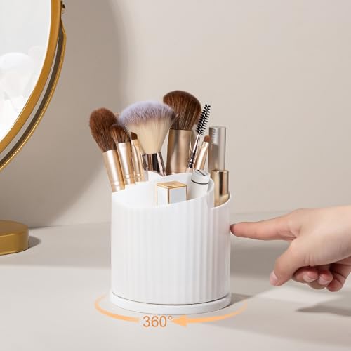 360 Rotating Makeup Brush Holder Organizer 5 Slots Make Up Brushes Cup Flower-Shaped Spinning Pen Holder for Vanity, Cosmetics, Lipsticks, White