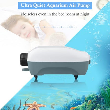 Dual Outlet Aquarium Electric Air Pump, Whisper Adjustable Fish Tank Aerator, Quiet Oxygen Pump with Accessories for 20 to 100 Gallon
