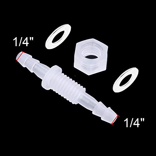1/4” Thru-Bulk Bulkhead Plastic Hose Barb Fittings Union Adapter Fittings for Aquarium Fuel Gas Liquid Air with Metal washers (Pack of 6)