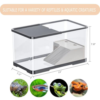 Turtle Tank Starter Kit, Upgraded Aquarium Fish Tank Kit with Filter,Fish Net, Reptile Habitat with Adjustable UV Lamp & Lid,Bask Platform for Crabs,Amphibians,Reptiles.(12"x7.7"x7.2")