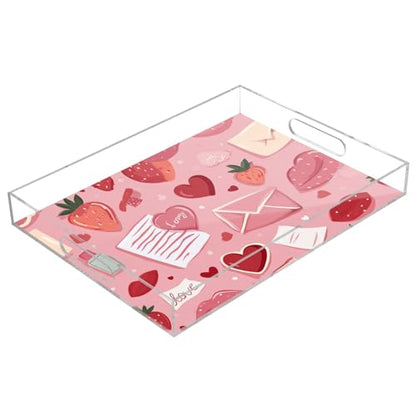 Acrylic Tray Clear Serving Vanity Ottoman Bathroom Coffee Table Countertop Organizer Raised Edge Spill Proof Pink Love Strawberries Hearts Letters - color: Pink Love Strawberries Hearts Letters