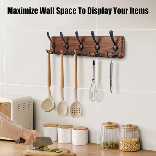 Gohiuo Rustic Wall Mount Coat Rack, Coat Hooks Wall Mount Wood Coat Rack with 5 Triple Hooks, Heavy Duty Wooden Wall Mounted Coat Hanger for Entryway, Farmhouse Hanging Coats, Hats, Bags,Towels - size: 5 hooks-1 items