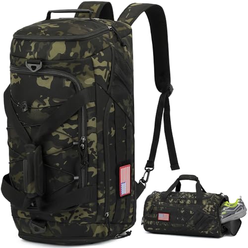 3-in-1 Tactical Gym & Travel Duffle Bag Backpack Men Multi-Functional 45L Military Sports Duffle Bag with Shoe Compartment & Wet Pocket for Workout Weekender Overnight Bag with Molle Webbing, Camo - color: Camo