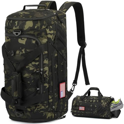 3-in-1 Tactical Gym & Travel Duffle Bag Backpack Men Multi-Functional 45L Military Sports Duffle Bag with Shoe Compartment & Wet Pocket for Workout Weekender Overnight Bag with Molle Webbing, Camo - color: Camo