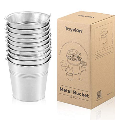 Toyvian Mini Metal Buckets with Handles, 4inch 12pcs Silver Tinplate Flower Pots for Classroom Small Treats Goodie Gift Bags Alternative for Kids Holiday Sandbox Toys