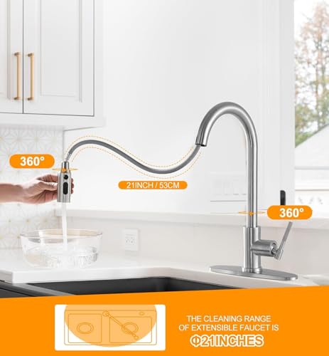 Kitchen Faucet, Pull Down Sprayer Kitchen Sink Faucet, Single Handle High-Arc with 3 Function Spray Head, 1 or 3 Hole Installation, Suitable for Farmhouse Laundry Rv Bar (Brushed Nickle)