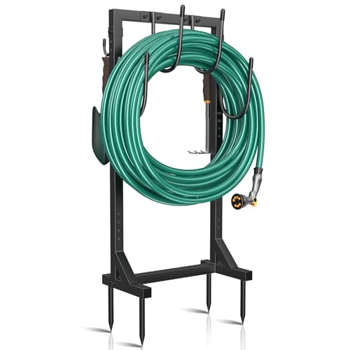 Garden Hose Holder, Metal Freestanding Hose Stand with 4 Spikes, Holds up to 150FT Hose, Sturdy Hose Reel Alternative, Heavy Duty Hose Storage for Outside Yard Lawn - color: Black-double