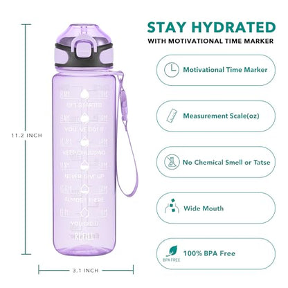 Enerbone 32 oz Water Bottle with Times to Drink and Straw, Motivational Drinking Water Bottles with Carrying Strap, Leakproof BPA & Toxic Free, Ensure You Drink Enough Water for Fitness Gym Outdoor - color: Amethyst