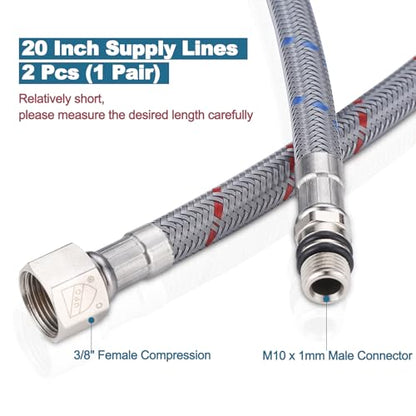 ARCORA 20" Bathroom Faucet Hose, Braided Nylon cUPC Supply Lines 3/8" Female Compression × M10 Male Connector(1 Pair)