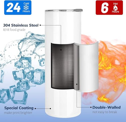 Joyclub Sublimation Tumblers Blanks 20 oz Skinny Straight Tumblers Bulk Stainless Steel Insulated Sublimation Cups with Lids and Straw, Gift Box - color: White 1 Pack