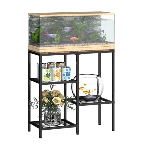 20 Gallon Aquarium Stand, 3 Tier Metal Fish Tank Stand with Shelves, Reptile Tank Stand for Accessories Storage, Turtle Terrarium Stand for Home Office,29.13" L x 12.2" W Tabletop, Brown