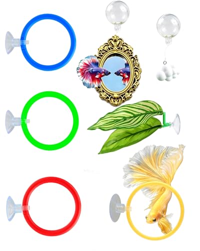 7 Pcs Betta Fish Enrichment Toys, 1 Mirror with Floating Ball, 1 Clouds Decoration, 4 Exercise Training Rings, 1 Resting Leaf, Tank Accessories Set
