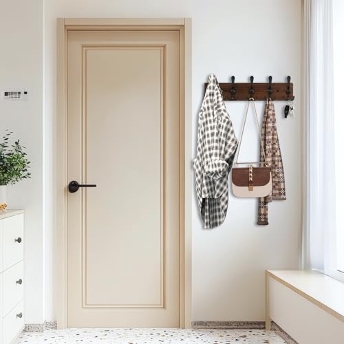 Wooden Coat Rack Wall Mount Heavy Duty, 2 Pack Coat Hanger Wall Mount with 5 Triple Hooks for Clothes, Jacket, Hat, Keys, Space Saving Entryway Organizer for Mudroom (‎Brown Plate & Black Hooks) - color: ‎Brown Plate & Black Hooks
