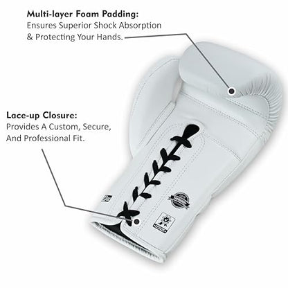 Aura 100 Full Grain Leather Lace Up Boxing Gloves for Men & Women – Professional Training, Sparring, Competition, Muay Thai, Kickboxing & Heavy Bag Gloves - color: White, size: 16 OZ