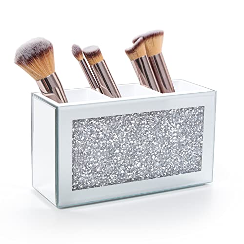 Silver Makeup Brush Holder Organizer, Bling 3 Slot Crushed Diamond Crystal Mirrored Cosmetic Brushes Storage, Eyeliners Eyebrow Pencil Display Case