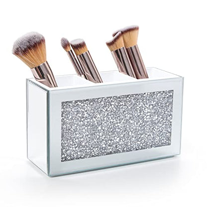 Silver Makeup Brush Holder Organizer, Bling 3 Slot Crushed Diamond Crystal Mirrored Cosmetic Brushes Storage, Eyeliners Eyebrow Pencil Display Case