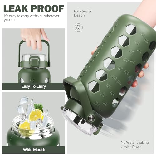 Half Gallon/64 oz Glass Water Bottles with Straw and Lid,Motivational Water Jug with Time Marker Reminder and Silicone Sleeve,100% Leakproof BPA Free Fitness Sports Large Bottle-Olive