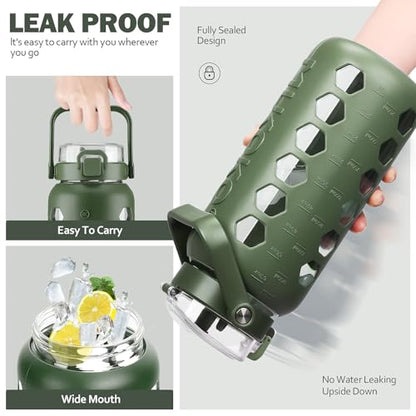 Half Gallon/64 oz Glass Water Bottles with Straw and Lid,Motivational Water Jug with Time Marker Reminder and Silicone Sleeve,100% Leakproof BPA Free Fitness Sports Large Bottle-Olive