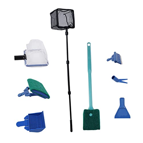 Fish Tank Kit Aquarium Glass Tank Tools with Gravel Rake Scraper Plant Fork Sponge Brush and Net Aquatic Maintenance Green