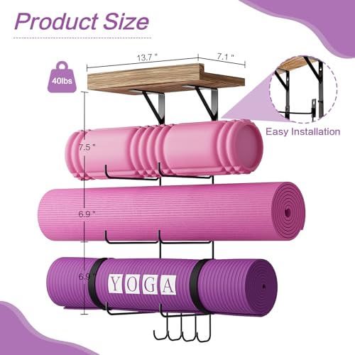 Bikoney Yoga Mat Holder Wall Mount Yoga Mat Storage Home Gym Accessories with Wood Floating Shelves and 4 Hooks for Hanging Foam Roller and Resistance Bands Fitness Home Gym Carbonized Black - color: Carbonized Black