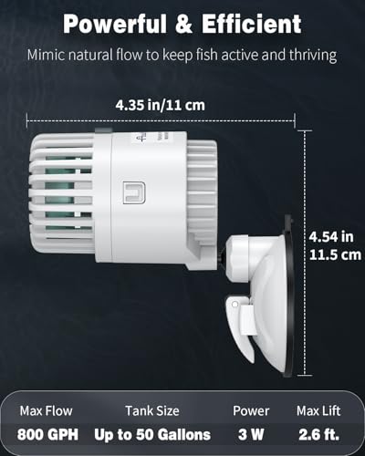 Pawfly Wave Maker for Aquarium, 800 GPH 3W Aquarium Powerhead, Quiet Submersible Wavemaker for Fish Tanks up to 50 Gallons, Water Circulation Pump with Strong Suction Cup Base - size: for Tanks up to 50 Gallons