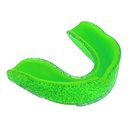 JS MMA Mouthguard Braces for Sports. BJJ, Boxing, Football, Ice and Field Hockey, Lacrosse, Basketball. Double Glitter Color Purple & Red, Custom Fit Youth and Adult, Unisex with Case (Green, Youth)
