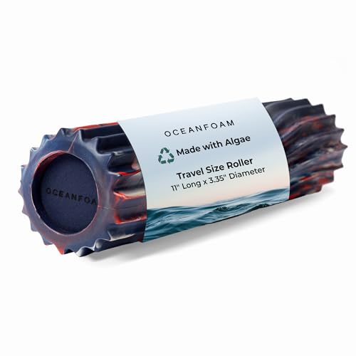 Oceanfoam Ripple Travel Foam Roller (11" x 3.35") Firm Mini Foam Roller for Physical Therapy, Deep Tissue Massage, Back Pain - High Density, Wave Textured - Yoga (Red, Dark Navy & Natural Marbled) - color: Red, Dark Navy & Natural Marbled