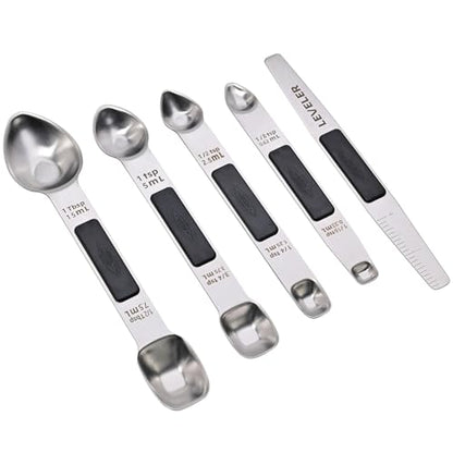 Magnetic Measuring Spoons,Stainless Steel Dual Sided Tablespoons,Extra Long Handle for Deep Jars,Heart-Shaped&Square Heads that More Easier to Excavate,Laser Markings,Non-Slip Grip(set of 5)