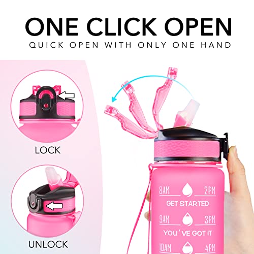 Hyeta Water Bottle with Straw & Time Marker, Plastic 32oz Leakproof - color: Pink-Green