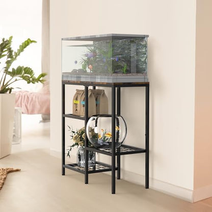 20 Gallon Aquarium Stand, 3 Tier Metal Fish Tank Stand with Shelves, Reptile Tank Stand for Accessories Storage, Turtle Terrarium Stand for Home Office,29.13" L x 12.2" W Tabletop, Brown