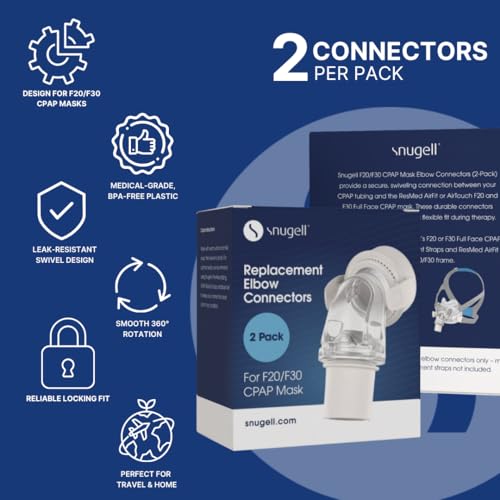 Snugell Replacement Elbow Connector for AirFit F20 and F30 CPAP Masks – 2 Pack – Compatible with ResMed Full Face CPAP Masks – Durable, Leak-Resistant Swivel Design for Smooth Therapy Airflow
