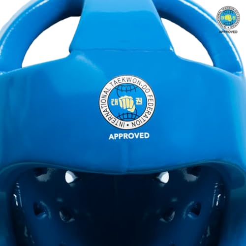 ITF Approved Taekwondo Head Guard – Red or Blue Sparring Helmet – Lightweight Foam Headgear Coated with Plastic Paint - color: Blue, size: Medium