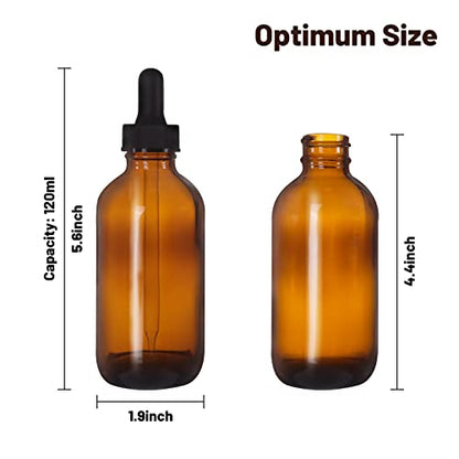 24 Pack 4oz Amber Glass Bottles with Glass Eye Droppers for Essential Oils, Perfumes & Lab Chemicals (Brushes, Funnels, Extra Droppers, Labels & Measuring Cup Included) - color: Amber