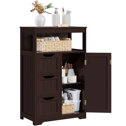 Yaheetech Wood Bathroom Floor Cabinet with 3 Drawers &1 Cupboard, Free Standing Storage Organizer Hallway Entryway Cabinet for Living Room Kitchen, Espresso - color: Espresso, size: 12"D x 22"W x 34"H