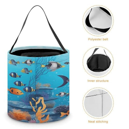 Halloween Trick Or Treat Bags With Handles Collapsible Candy Bucket Reusable Fish Ocean Theme Printed Goody Bucket For Holiday Party Gifts - color: Fish Ocean Theme