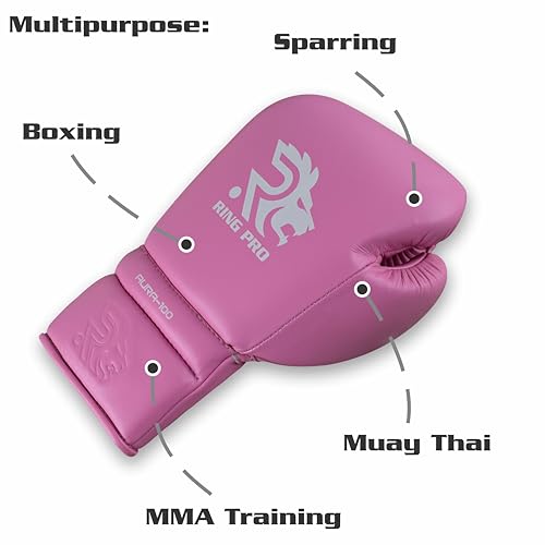 Aura 100 Full Grain Leather Lace Up Boxing Gloves for Men & Women – Professional Training, Sparring, Competition, Muay Thai, Kickboxing & Heavy Bag Gloves - color: Pink, size: 16 OZ