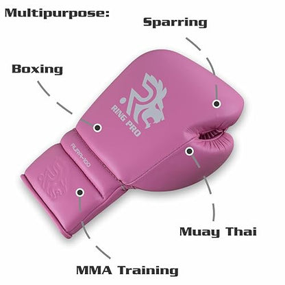 Aura 100 Full Grain Leather Lace Up Boxing Gloves for Men & Women – Professional Training, Sparring, Competition, Muay Thai, Kickboxing & Heavy Bag Gloves - color: Pink, size: 16 OZ