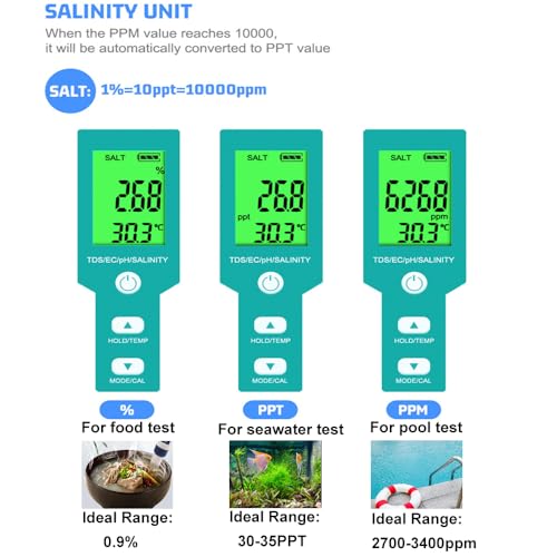 Aquarium Salt Tester -Pool Salt Tester, Versatile 5 in1 Salinity, PH, TDS, EC, and Temperature Meter, Digital Salinity Tester for Saltwater Aquarium, Accurate Salinity Meter,Green