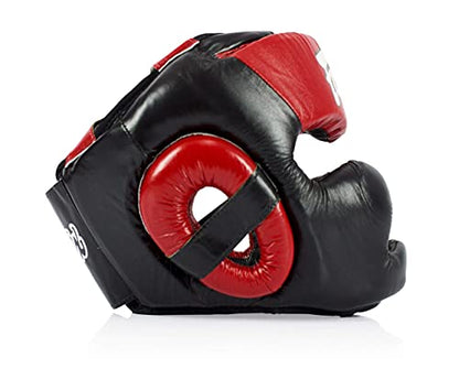 Fairtex Full Head Guard, Muay Thai MMA Sparring Helmet Protective Headgear - color: HG13 Black/Red Lace-up, size: Large