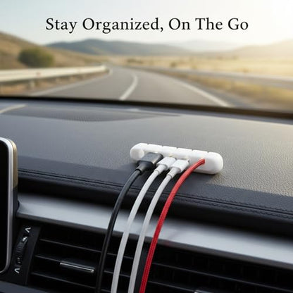 White Silicone Cable Organizer Clips with Adhesive Backing for Desk, Car Dashboard & Wall Cord Management