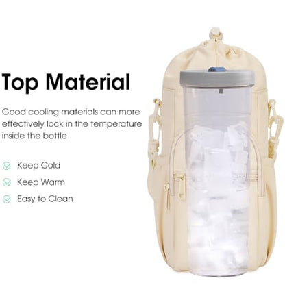 sportsnew 40oz Insulated Crossbody Water Bottle Bag Gym Hiking Phone Pocket - color: Beige