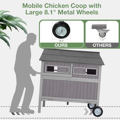 Large Chicken Coop with Wheels for 4-6 Chickens, Mobile Outdoor Chicken House with 3 Nesting Boxes & Roosts, Heavy Duty Reinforced Frame, Waterproof Roof, Pull-Out Tray, Wooden Poultry Cage