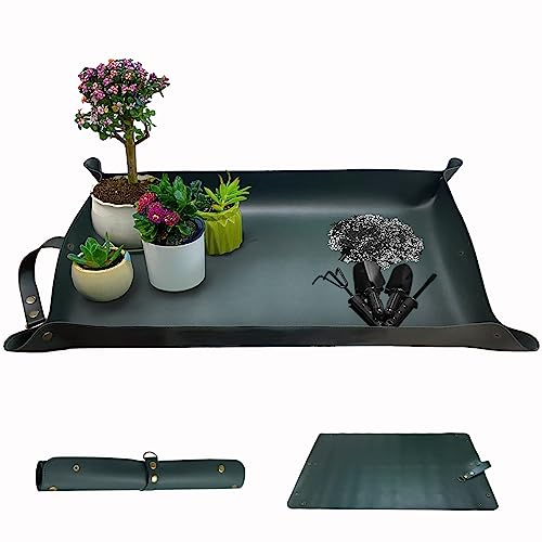 Thickened Leather Plant Repotting Mat, Indoor and Outdoor Potting Mat, 30" x 18" Foldable Tray with Mess Control (Dark Green) - color: Dark Green Leather