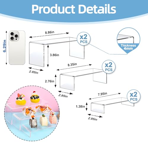 6PCS acrylic risers display stands, Clear Tiered acrylic display risers for Jewelry, Figurines, Snacks & Tabletop Showcase