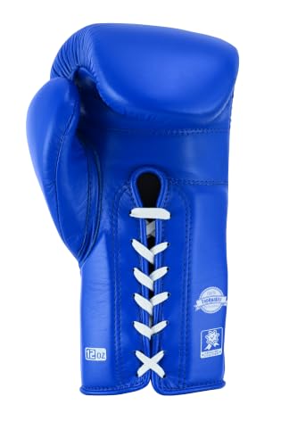 Aura 100 Full Grain Leather Lace Up Boxing Gloves for Men & Women – Professional Training, Sparring, Competition, Muay Thai, Kickboxing & Heavy Bag Gloves - color: Blue, size: 12 OZ