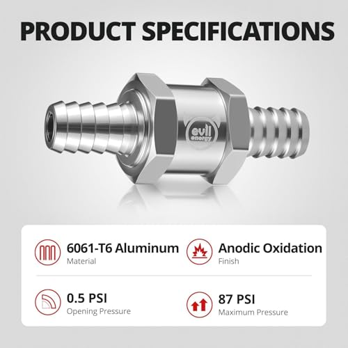 EVIL ENERGY 1/4" 5/16" 3/8" 1/2" Check Valve Set (6mm 8mm 10mm 12mm), 4 Pcs One Way Fuel Check Valve for Fuel, Diesel & Coolant, Silver