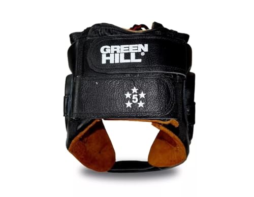 Green Hill Five Star Leather Boxing Headgear for Men & Women | AIBA-approved leather head guard for boxing, MMA and Muay Thai with secure fit and impact protection during sparring. - color: Black