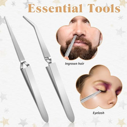 Reverse Tweezers, 2 Pcs Reverse Tweezers for Crafting, Rubber Tipped Electronics Tweezer Stainless Steel Bent and Straight Flat Tip Cross Locking Precision Tweezer Set for Crafts Jewelry Beads Coins